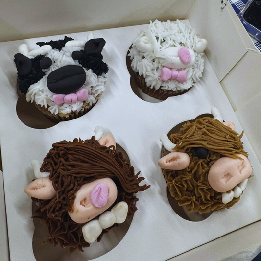 Four cupcakes decorated to resemble animal faces on a white box.